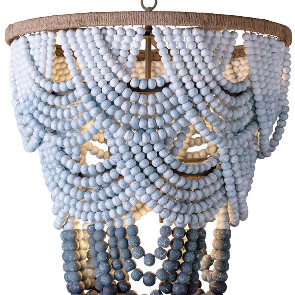 Jute wrapping of a blue ombre wood beaded chandelier